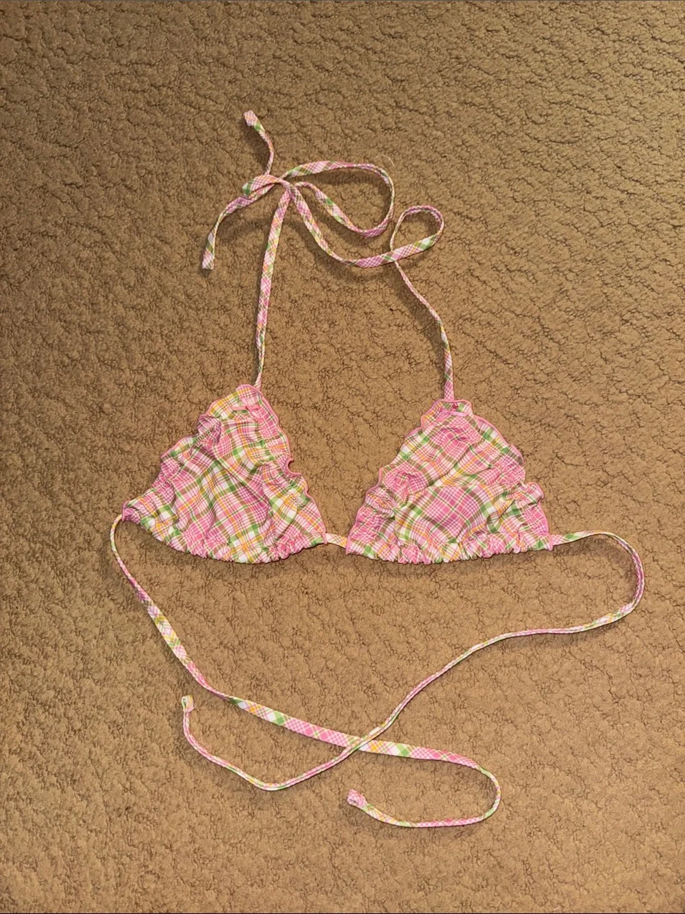 Pink Plaid Triangle Bikini Top